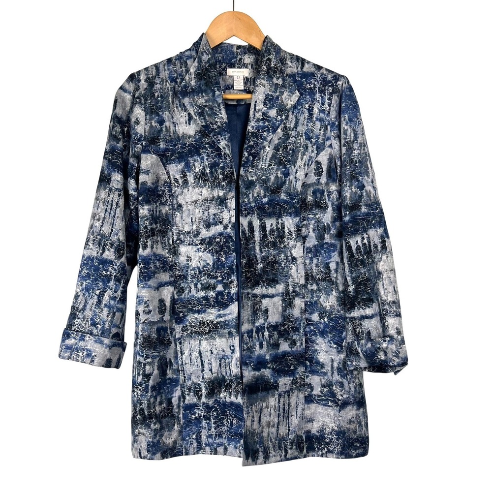 Chicos Blue Silver Abstract Silk Blend Open Front Blazer Jacket 0 S Office